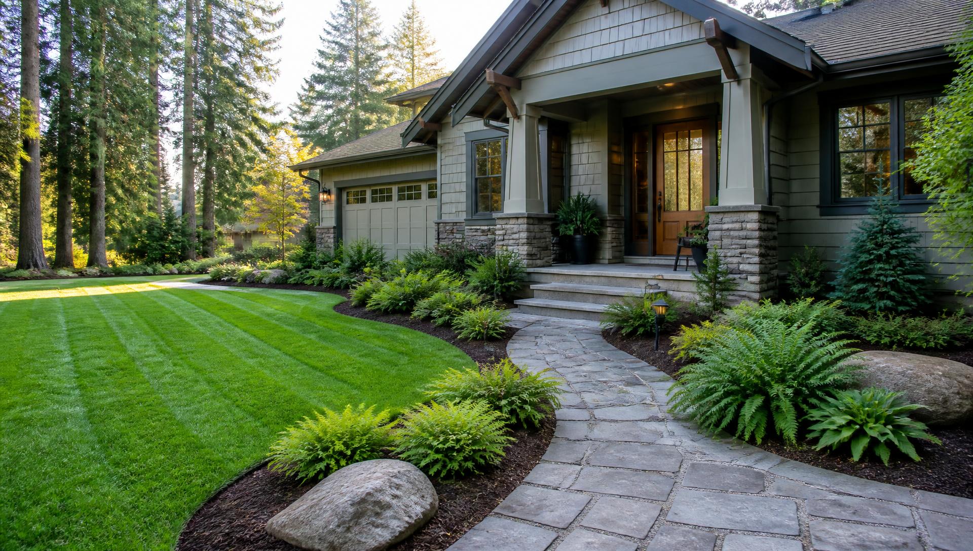 Freshly mowed lawn and stone walkway in front of a Washington home